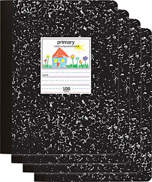 Four black marble composition notebooks with a colorful primary school label on the cover.