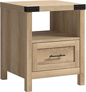 Wooden nightstand with light finish, open shelf, and a single drawer with black handle. Metal corner accents included.