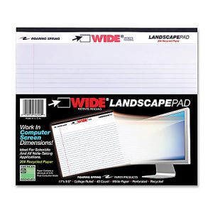 Wide landscape pad with computer screen dimensions, ideal for note-taking. 11"x 9.5", college ruled, 200 recycled paper.