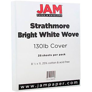 Pack of JAM Strathmore Bright White Wove cover paper, 130lb, 25 sheets, 8.5x11 inches, 25% cotton, acid-free.