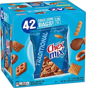 Box of 42 single-serve 1.75 oz bags of Traditional Chex Mix, featuring various snacks like pretzels and rye chips.