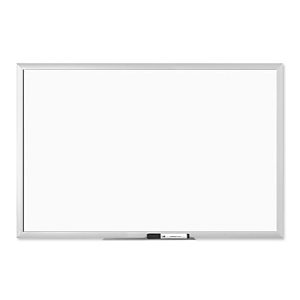 Blank whiteboard with a silver frame and a marker tray at the bottom, set against a plain background.