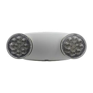 Dual head LED emergency light with a white housing and two circular lamps, designed for indoor safety illumination.