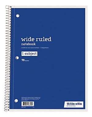 Blue wide-ruled spiral notebook, 1 subject, 70 sheets, size 10.5x8 inches, with text and barcode on the cover.