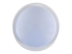 Circular LED ceiling light with a white rim and frosted cover, viewed from below against a white background.
