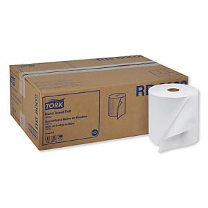 Tork hand towel roll and its cardboard packaging box, labeled with product details, shown against a white background.