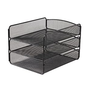 Black metal mesh three-tiered desk organizer for paper and office supplies.