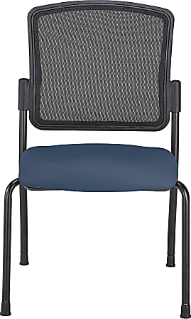 Black mesh-backed chair with blue cushioned seat and black metal legs, viewed from the front.