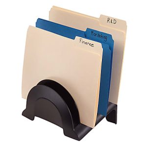 Organizer with labeled file dividers for R&D, Marketing, and Finance, featuring beige and blue folders on a black stand.