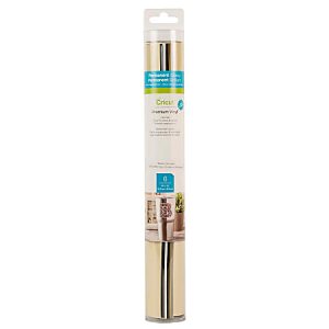 Cricut permanent glossy premium vinyl roll in gold, packaged in transparent tube, ideal for crafting and decoration projects.