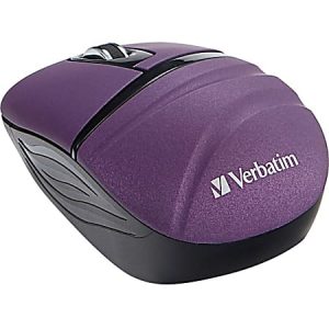 Purple Verbatim wireless mouse with ergonomic design and two buttons, featuring a scroll wheel on top.