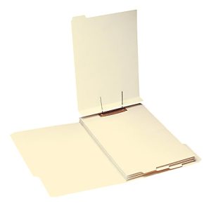 Manila file folder with fasteners and multiple tabs, slightly open, displaying organized pages inside.