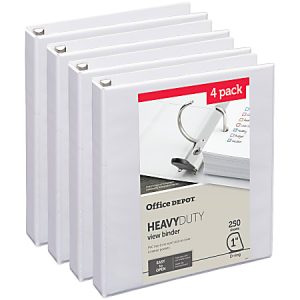 Four white Office Depot heavy-duty 1-inch view binders, 250-sheet capacity, with D-ring, shown in packaging.