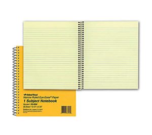 Open spiral notebook with yellow narrow-ruled pages and a yellow cover featuring product details and barcode.