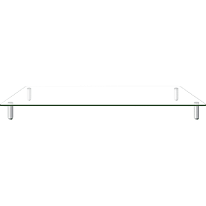 Glass shelf with four silver brackets, viewed from the front against a white background.