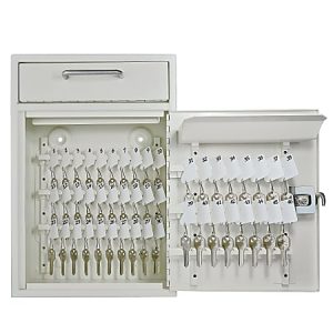 Metal key cabinet with open door, displaying numbered keys on hooks, and a combination lock on the side.