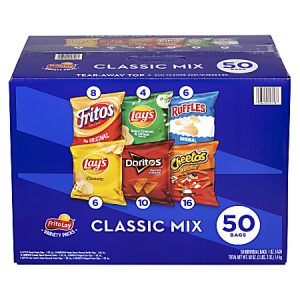 Box of Frito-Lay Classic Mix with 50 snack bags, including Cheetos, Doritos, Lay's, Fritos, and Ruffles varieties.