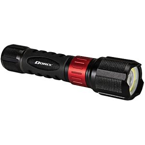 Black and red flashlight with a textured grip and visible brand logo on the handle.