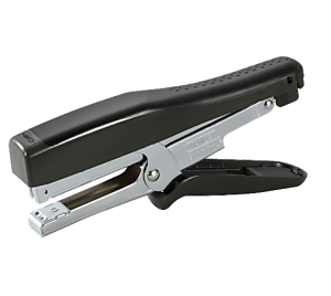 Black and silver handheld stapler with a sleek design, shown against a white background.