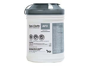 Container of Sani-Cloth AF3 large wipes, an antibacterial disposable cleaning product with label details and safety info.
