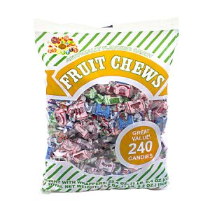Bag of fruit chews with 240 individually wrapped candies, featuring colorful packaging and labeled as artificially flavored.