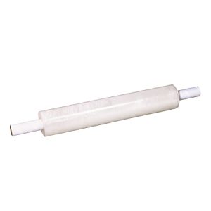 A roll of clear stretch wrap with white handles on both ends, used for packaging and securing items.