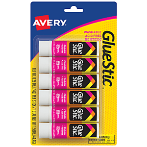 Avery Glue Stic pack with six washable, acid-free, non-toxic glue sticks, 0.26 oz each, in a yellow packaging.