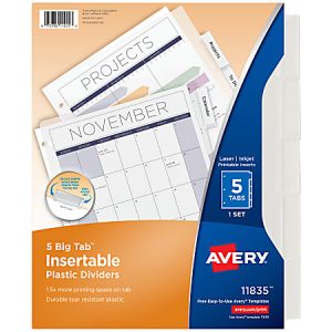 Package of Avery 5 Big Tab Insertable Plastic Dividers with tabs, featuring a calendar and project sheet insert.