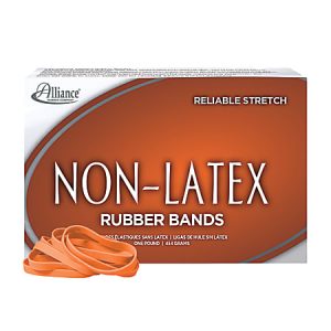 Box of orange non-latex rubber bands labeled "Reliable Stretch" by Alliance, with loose bands in front.
