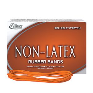 Box of non-latex rubber bands labeled "Reliable Stretch" with several orange bands in front.