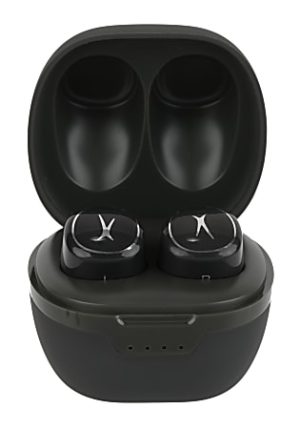 Black wireless earbuds in an open charging case with a sleek design.