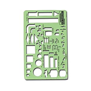 Green architectural template stencil with various geometric shapes and symbols for drafting and design work.