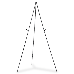 Black, lightweight metal tripod easel with adjustable support arms, suitable for displaying artwork or presentations.