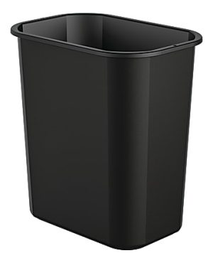 Black rectangular plastic trash can with smooth sides and a wide open top.