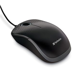 Black wired Verbatim optical mouse with scroll wheel and sleek design, shown on a white background.