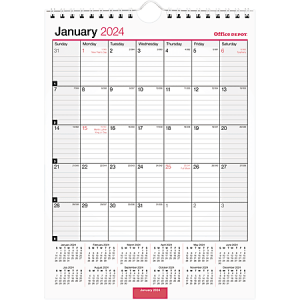 January 2024 wall calendar with daily boxes and holidays. Mini calendars for the entire year are at the bottom.