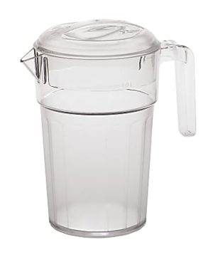 Clear plastic pitcher with a handle and a spout, featuring a fitted lid.