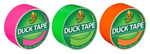 Three colorful rolls of Duck Tape in pink, green, and orange, each labeled with brand logo.