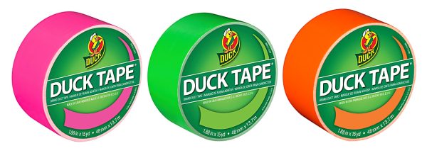 Three colorful rolls of Duck Tape in pink, green, and orange, each labeled with brand logo.