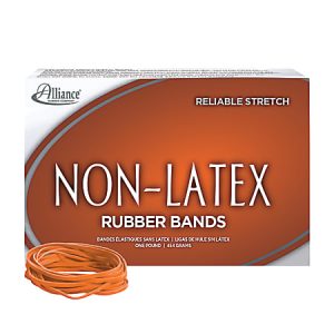 Box of Alliance non-latex rubber bands, labeled "Reliable Stretch," with a small pile of orange bands in front.