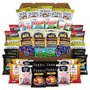Assorted snack box with popcorn, veggie straws, pretzels, potato chips, and more, arranged in a tiered display.