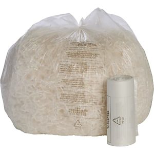 Clear plastic bag filled with shredded paper next to a roll of transparent plastic bags.