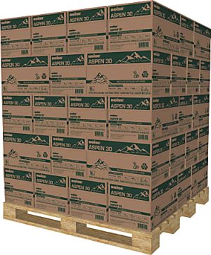 A pallet stacked with cardboard boxes labeled "Aspen 30," featuring mountain graphics, on a wooden base.