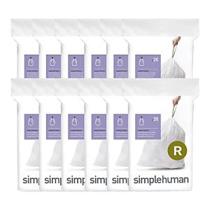 Pack of nine Simplehuman trash bag boxes, each with a white bag and purple label, featuring a hand lifting a bag.