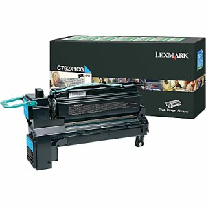 Lexmark C792X1CG cyan toner cartridge with box, suitable for high-yield printing.