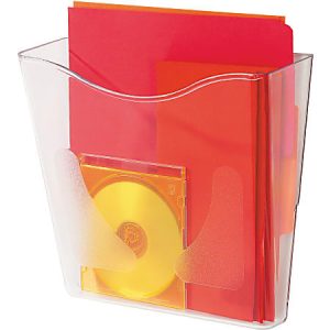 Clear file holder containing red folders and a yellow CD case, displayed against a white background.