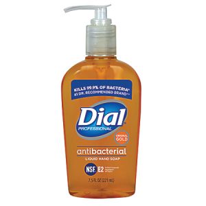 Dial Professional antibacterial liquid hand soap bottle, 7.5 fl oz, with pump dispenser and claims to kill 99.9% of bacteria.