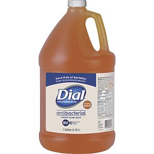 Gallon-sized bottle of Dial Professional Gold antibacterial liquid hand soap with a pump, labeled NSF E2, kills 99.9% of bacteria.