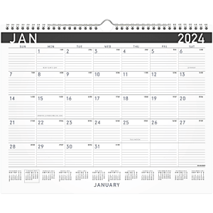 January 2024 wall calendar with daily spaces for notes, featuring a monthly layout and a small year overview at the bottom.