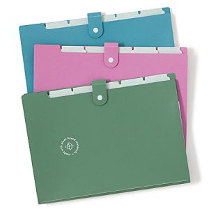 Three file folders in blue, pink, and green with tab closures, arranged in a stack. Green folder features a recycling logo.